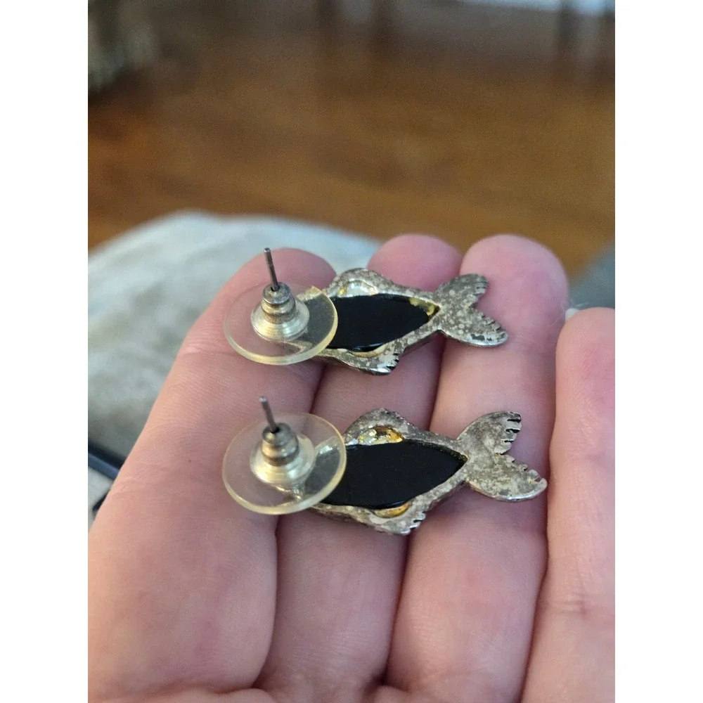Mexican Sterling Silver Abalone Fish Earrings Pierced Vintage